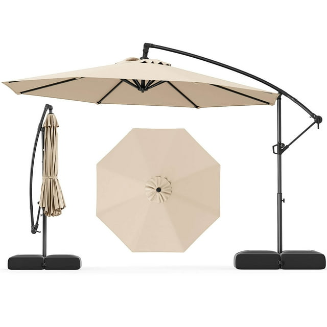 Gymax 10 FT Offset Hanging Umbrella w/ Base Patio Cantilever Umbrella 360° Rotation Beige