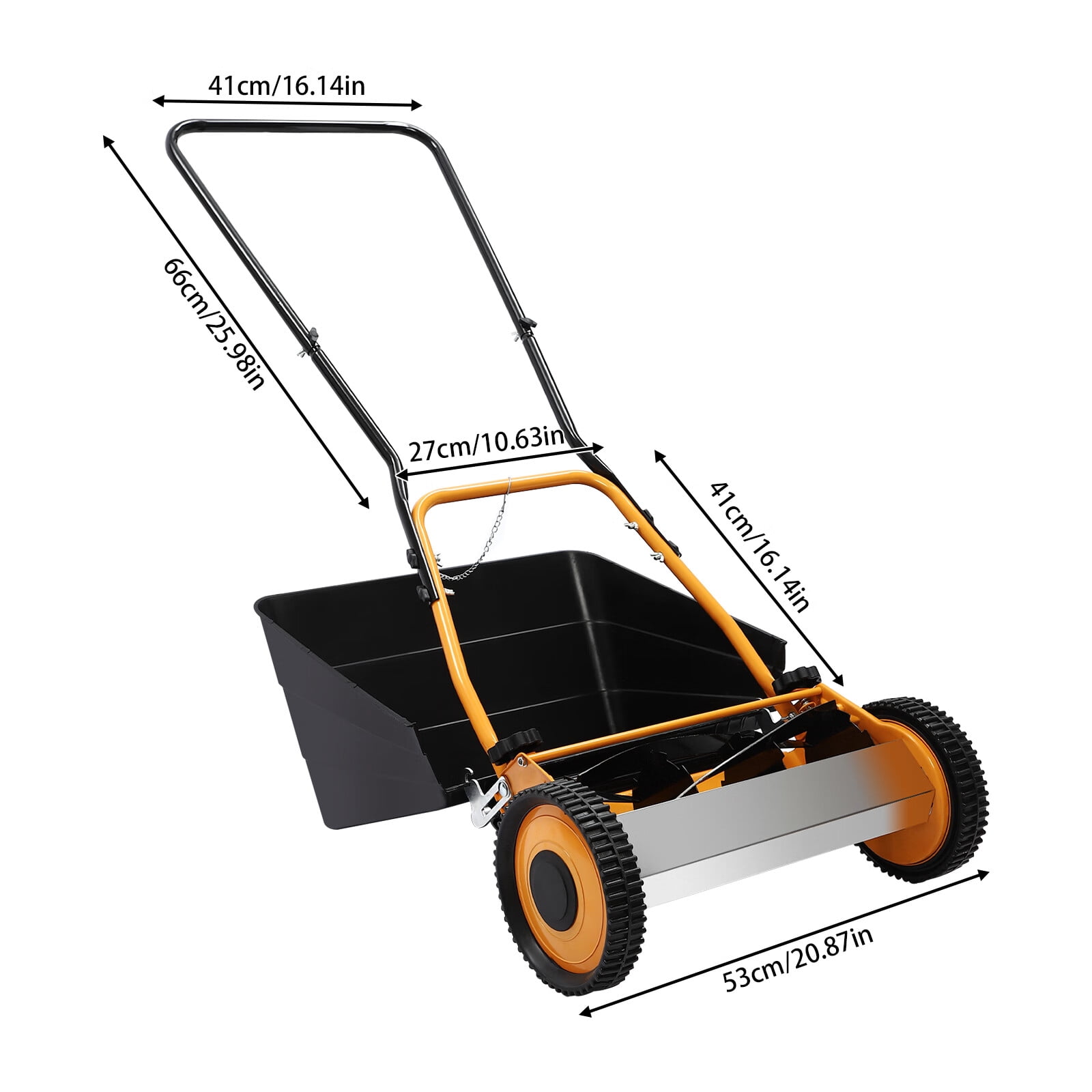 Aiqidi 16 inch Push Lawn Mower Adjustable Height Manual Push Reel Lawn Sweeper with 4 Blades Collection Bag for Yards Sidewalks Orange