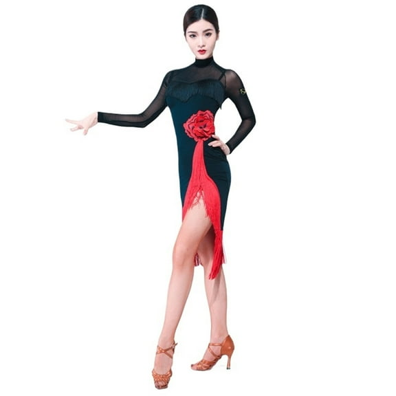 Latin Dance Dress Women Ballroom Dance Dress Sleeves Tango Rumba Flamenco Dress Black Women Dress