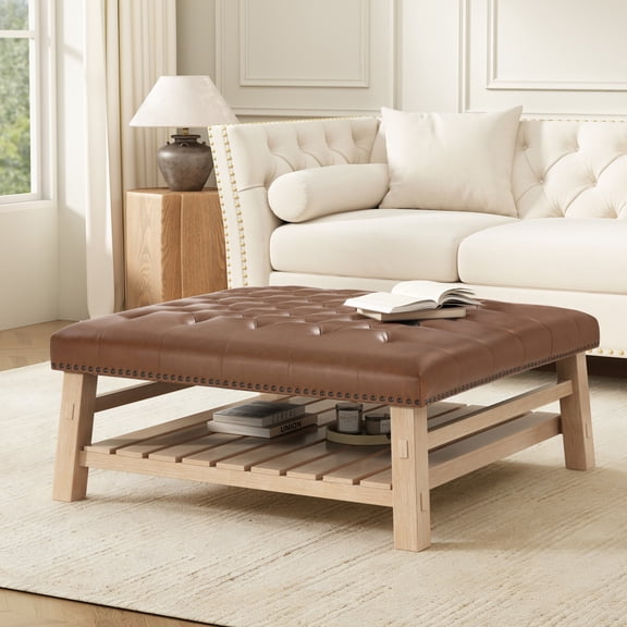 Noble House 41.5" Square Tufted Wooden Ottoman Coffee Table with Storage Shelf, PU Leather Upholstered Footstool, Brown
