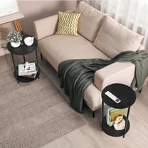 Small Round Side Table, 2 Tiers Farmhouse End Tables, Set of 2 Accent Tables for Small Spaces, Black