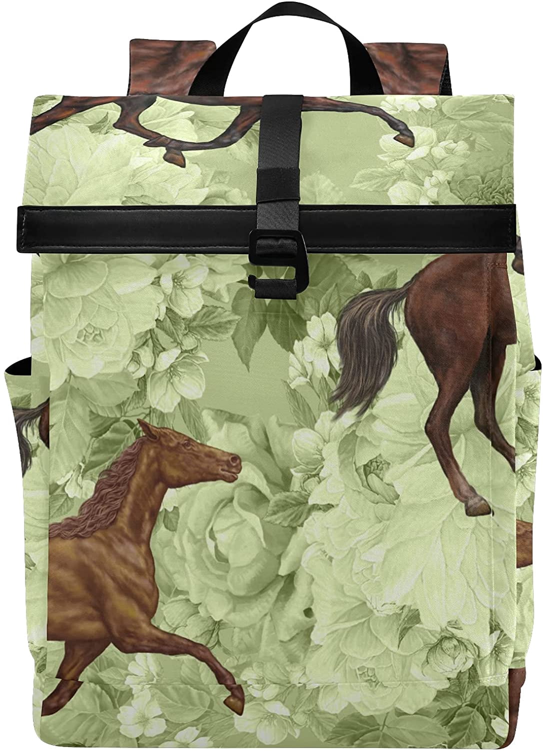 Running Horse Flowers Backpack Roll Top 