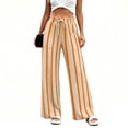 thumbnail image 3 of Crinkle Textured Womens Striped Wide Leg Pants Drawstring High Waist Loose Flowy Trousers with Pockets Daily Beach Loungewear Pants Beige, 3 of 7
