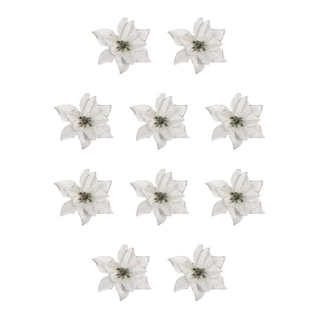 Wosthever Pack of 10 Christmas Glitter Flowers Year Heads Gifts Tree Xmas Ornaments Decoration New Simulation Artificial Flower Plata 10Conjunto
