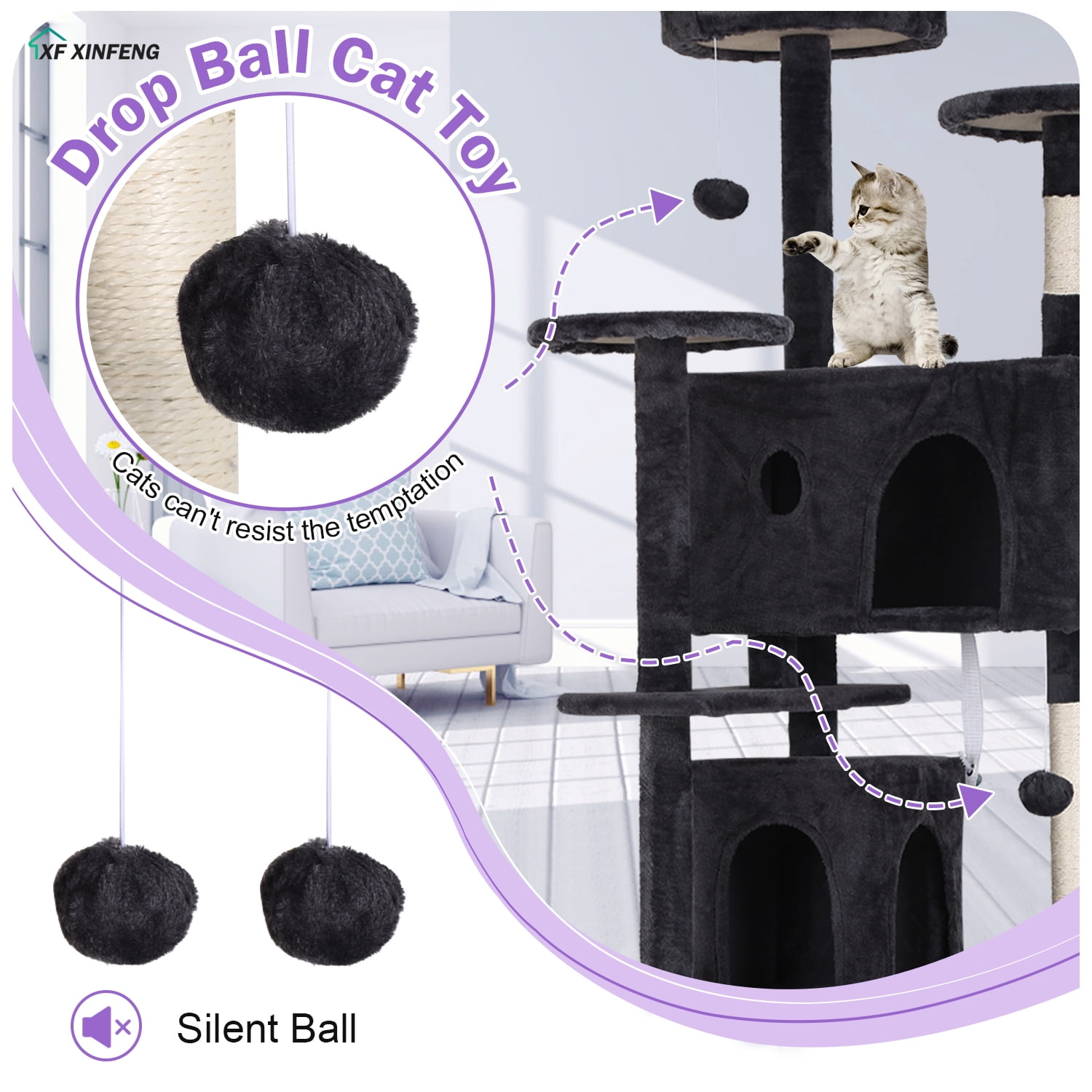 XF XINFENG 70" Cat Tree Tower Playhouse for Indoor Cats with Scratching Posts, Multi-Level Pet Cozy Condo Furniture, Dark Gray