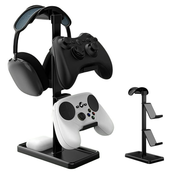 3-in-1 Headphone and Gaming Controller Stand for AirPods Max & Gamepad - Aluminum Alloy & Walnut Wood Desktop Display-Black