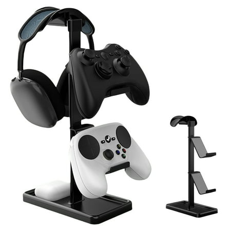 3-in-1 Headphone and Gaming Controller Stand for AirPods Max PlayStation Xbox – Aluminum Alloy & Walnut Wood Desktop Display Shelf with Space-Saving Design-Black