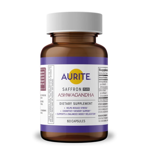 Aurite Saffron Plus Ashwagandha, Supports Emotional Health, Mood Support, Dietary Supplement, 60 Capsules