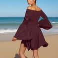 thumbnail image 4 of Women Above Knee Dress Long Flared Sleeve Off Shoulder Strapless Solid Color Smocked Waist Dress(WineM), 4 of 6