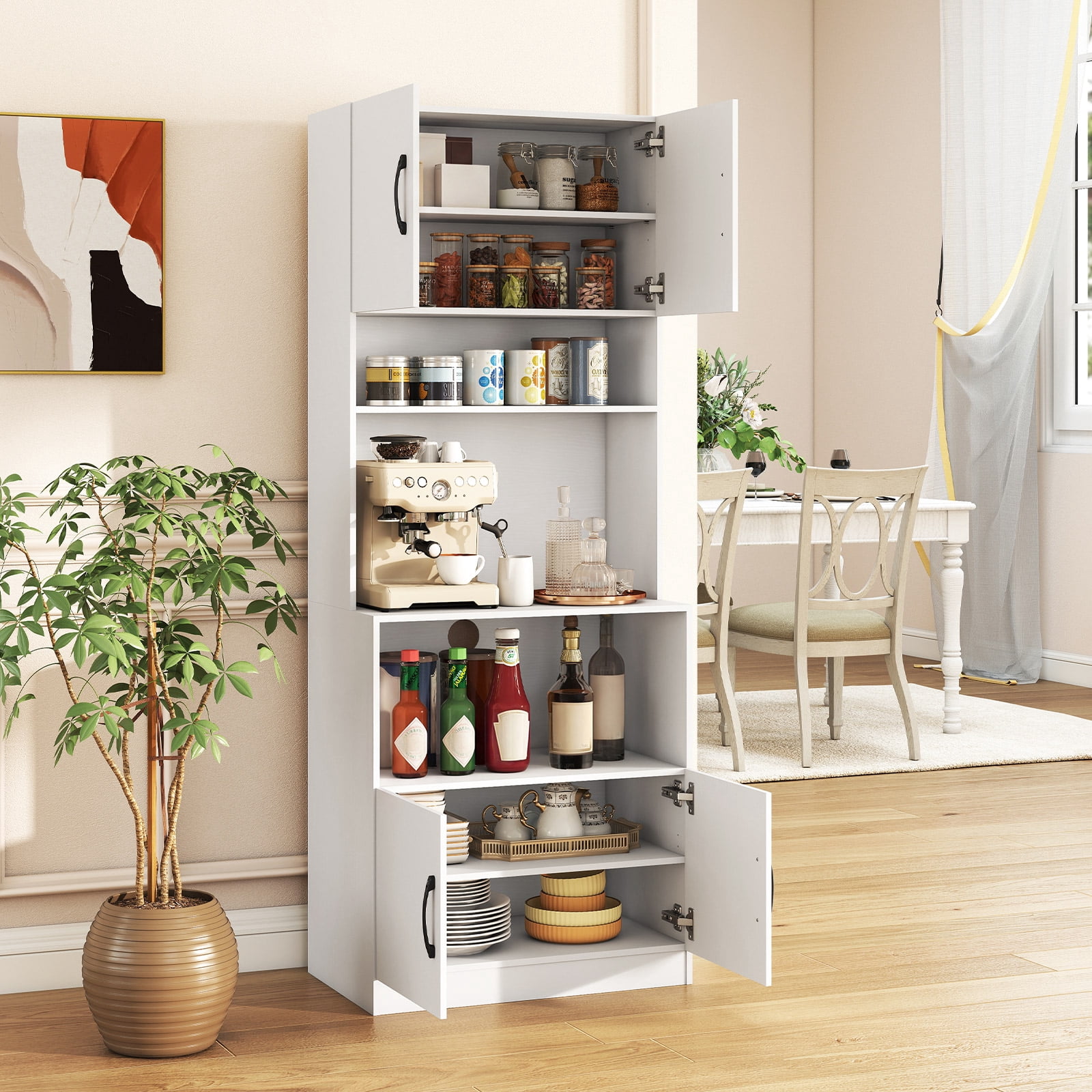 Costway Kitchen Pantry Cabinet with Charging Station, Adjustable Shelves and Doors, White