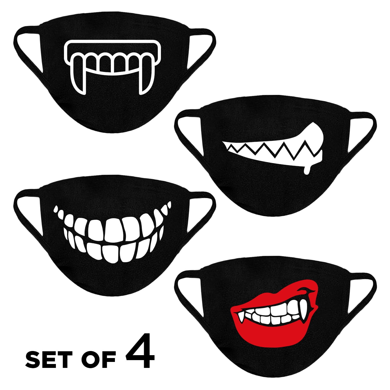 4 PCS Reusable Face Mask Teeth Face Mask Funny Washable Face Mask Cloth  Reusable Fabric Mouth Mask 3 Layered 100% Cotton Face Mask Facial Cover  Protection Breathable Mask 