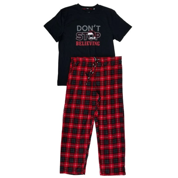 Mens Dont Stop Believing T-Shirt & Plaid Fleece Pants Sleepwear Pajama Set Large