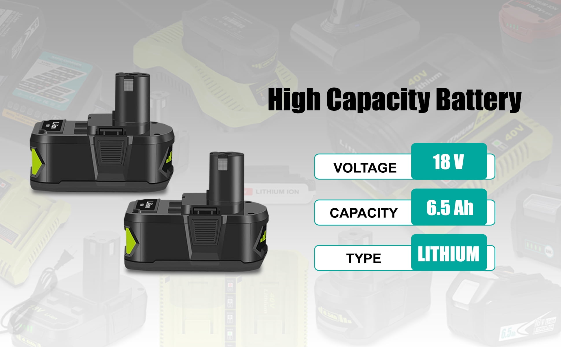 2 Pack 6.5Ah 18V Lithium Battery Replacement for Ryobi 18V 4.0Ah Battery PBP005 4 Ah P108 P192 P129 P197 PBP2005 PBP004 18V 6 Ah Battery P193 Compatible with Ryobi 18V ONE+ Battery
