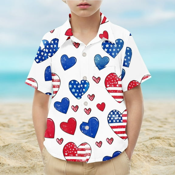 MKOSPLRT Kids American Flag Button Down Shirts Short Sleeve Love Graphic Tees Lapel Collar 4th of July T Shirts for Girl Boy 2-15Y