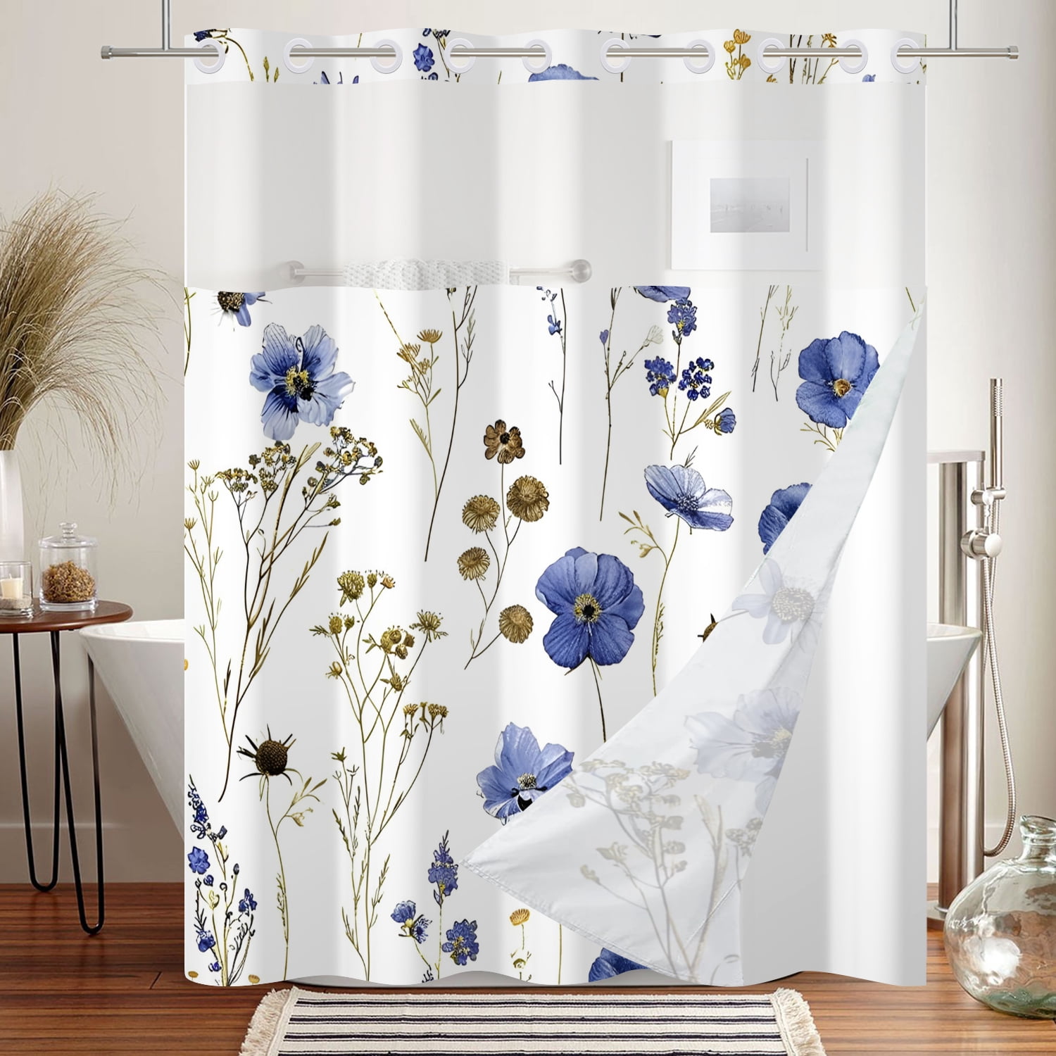 Mizhona Blue Flower Shower Curtain with Snap in Liner,Rustic No Hook Fabric Bath Curtain,71"× 74"