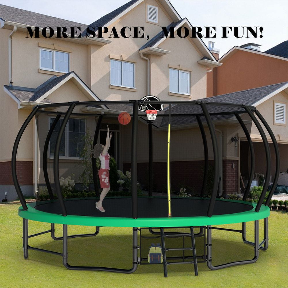 16FT Trampoline for Kids and Adults,Outdoor Pumpkin Trampolines with Curved Poles,Heavy Duty Trampoline with Ladder and Basketball Hoop,Green