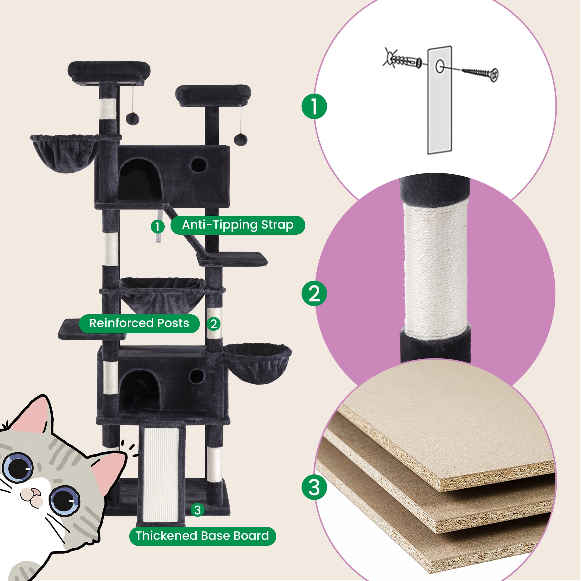 Merrland 81" Multi-Level Large Cat Tree Tower for Indoor Kittens, Cat Condo with Hammock & Sisal Scratching Posts, Blue