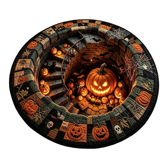 3D Optical Illusion Halloween Rug Spooky Hole Pumpkin Ghost Printed Circular Floor Mat Non Slip Decorative Round Doormat For Entryway Bedroom Halloween Party