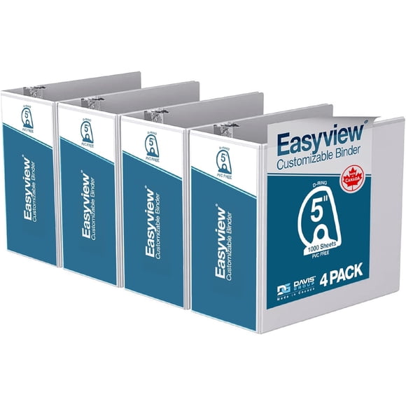 Easyview Premium 3-Ring Binders with Clear-View Covers and D Rings, Binders for School or Office, 5 Inch, Pack of 4, White