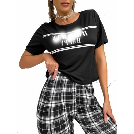 

Casual Plaid Round Neck Pant Sets Black Short Sleeve Women Pajama Sets