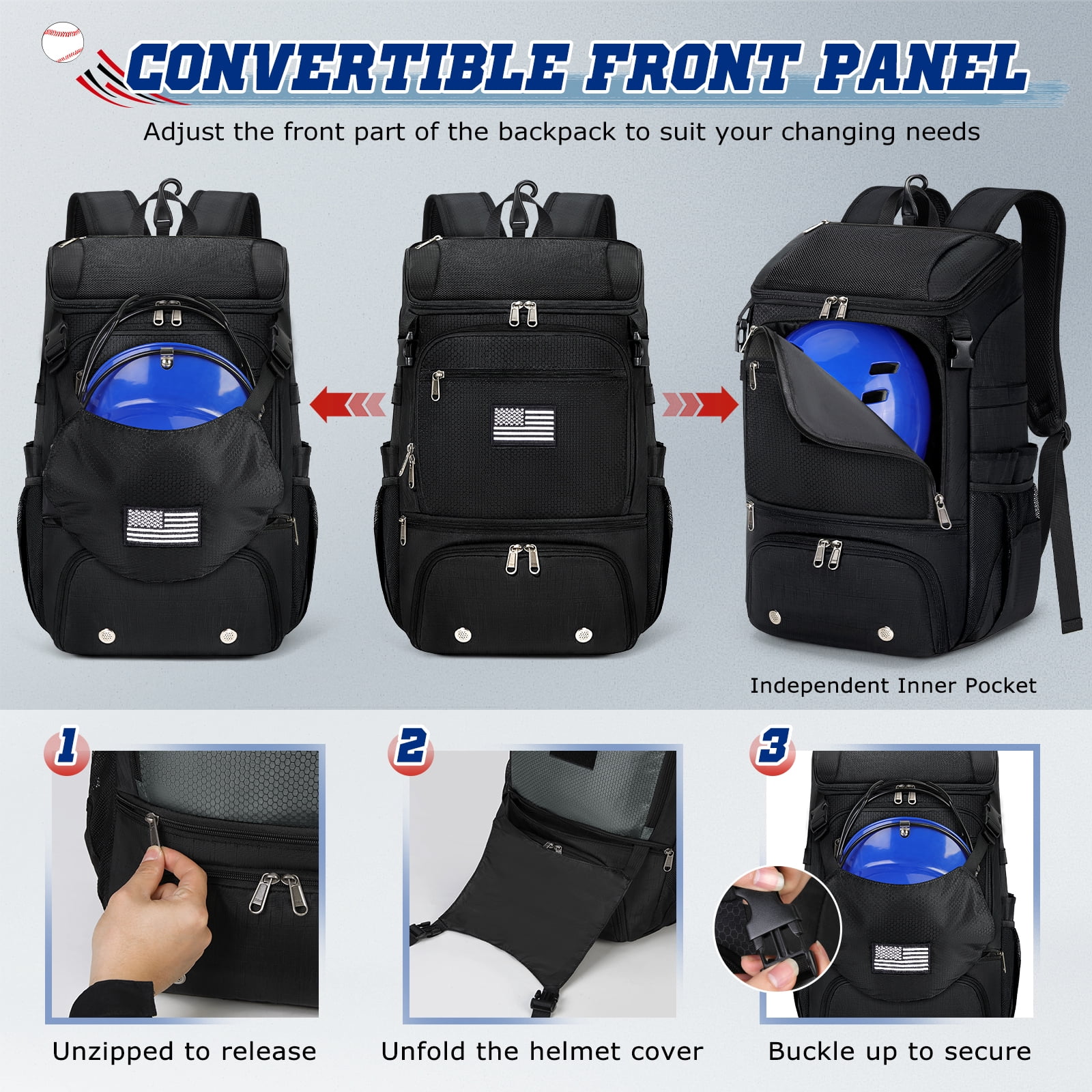 RAINSMORE Baseball Backpack, Lightweight Softball Bat Bag with Shoe Compartment, Fence Hook & Helmet Holder, Sports Gear Backpack for Youth Adult T-Ball Softball,Black