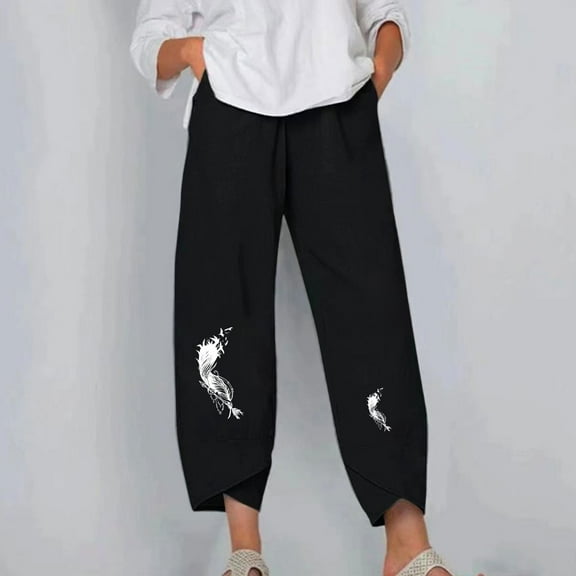 Lilgiuy Women Fashion Casual Printing Pocket Fold Loose Full Length Pants for Hiking Biker Golf