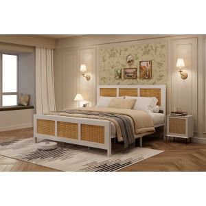 Queen Size Bed Frame with Headboard - Boho Rattan Platform Bed Frame with Reinforced Metal Slats | No Box Spring Required | Sturdy Noise-Free Design for Quiet Sleep | Easy Assembly Modern Bedroom Furn