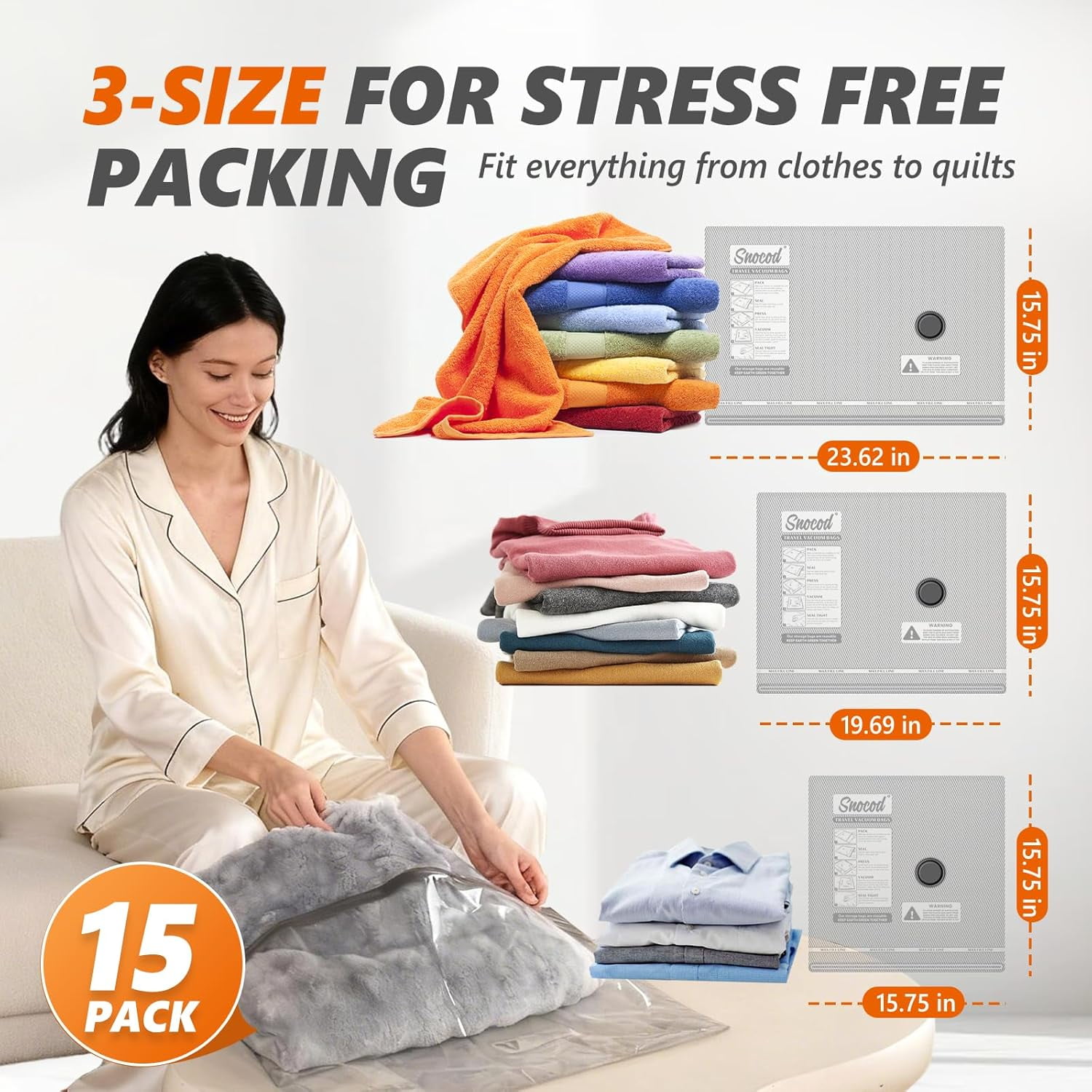 15 Pack Vacuum Storage Bags with -70KPa Electric Pump, Premium Tear-Resistant Reusable Bags for Clothing, Space Saving Essentials for Travel, White