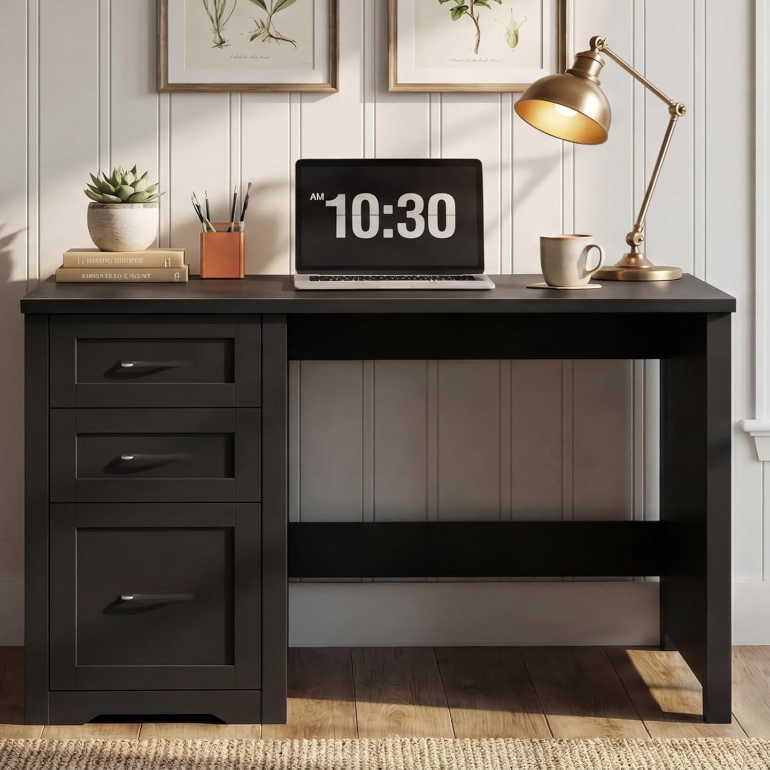 47-Inch Farmhouse Executive Desk with File Drawer and 2 Storage Drawers, Black Computer Workstation for Home Office