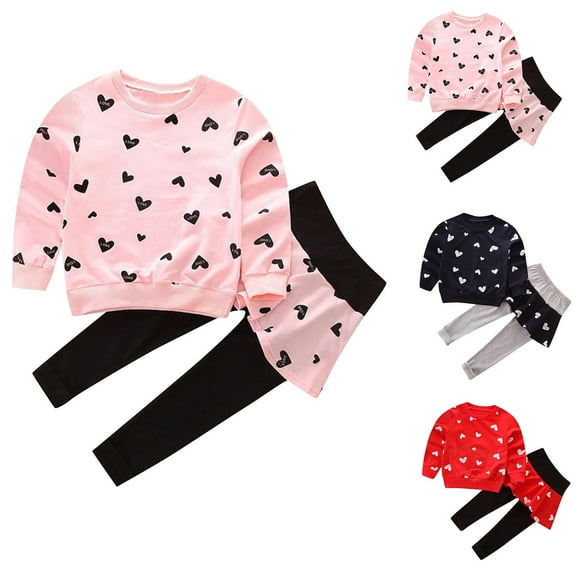 abtuhar Toddler Girl Fall Outfits,Newborn Outfits,Girl's Long Sleeved Heart-shaped Printed Elastic Waist Skirt and Pants Set Red 1 Years