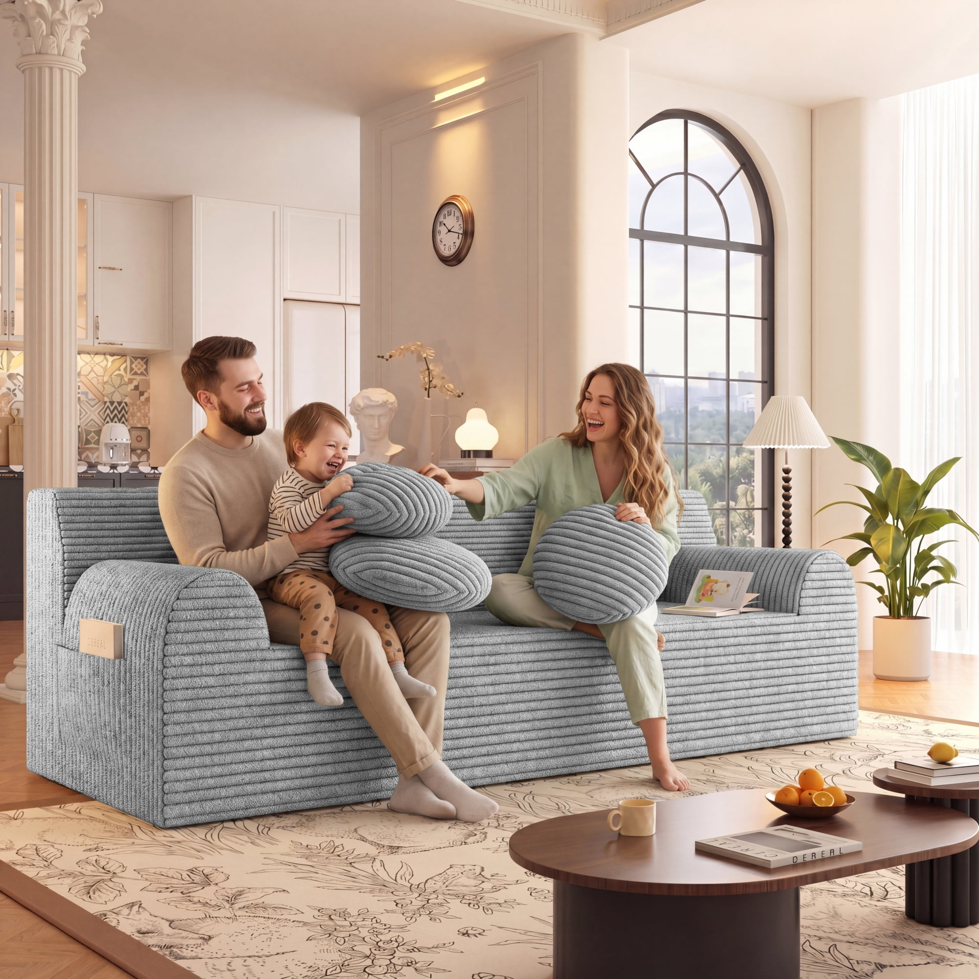 HOQBN Boneless Sofa Couch for Living Room,71" 3 Seater Sofa with Deep Seat Design and 3 Round Pillows,Comfy Corduroy Fabric Loveseat Couch,No Assembly,Light Gray