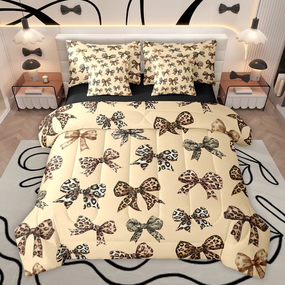 Feelyou Chic Ribbon Teens Twin Bedding Sets 7-Piece, Fashion Leopard Print Bowknot Bedding Comforter Set, Kawaii Cartoon Bow-tie Reversible Sheet Sets, Ultra Soft Bedroom Decor