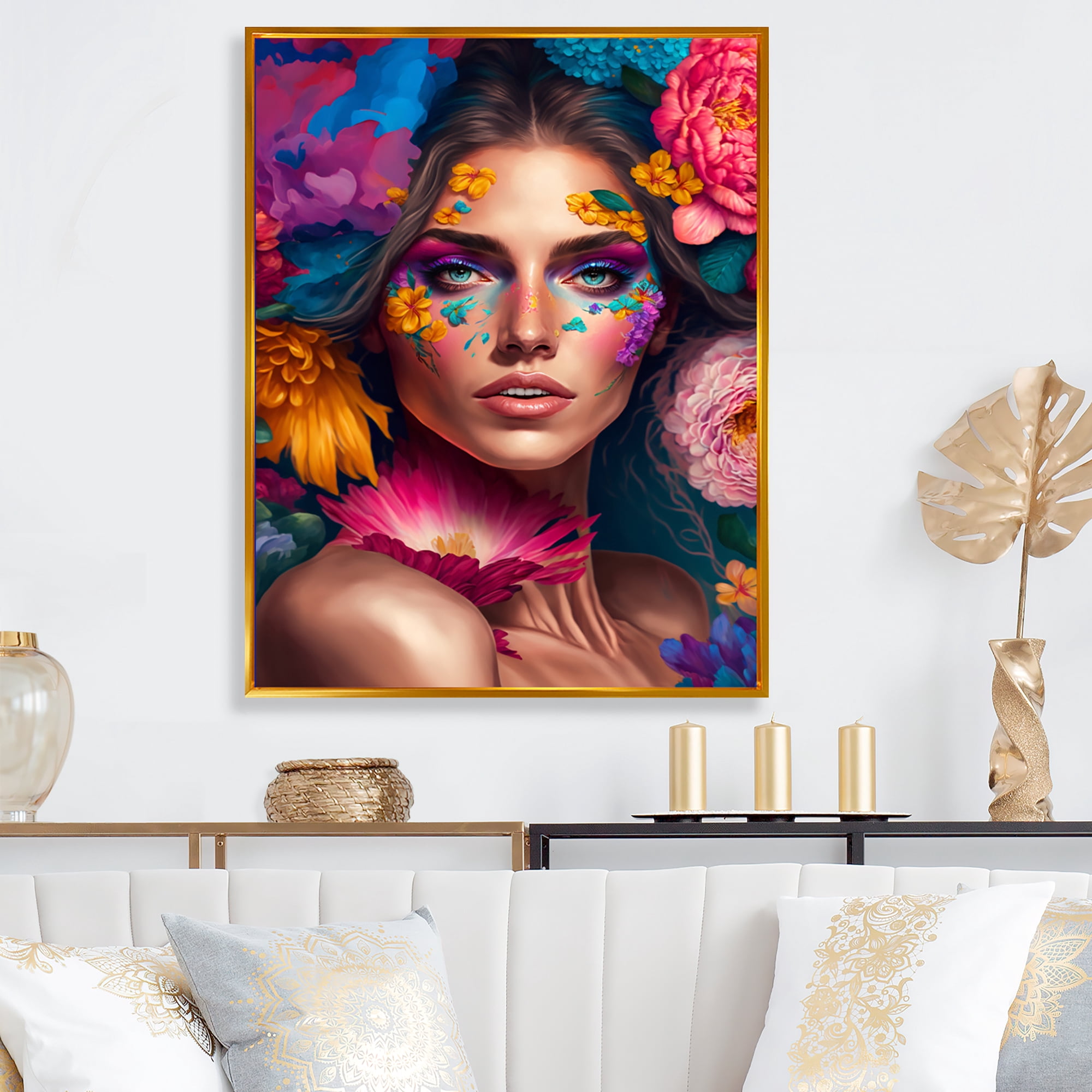 Designart Floral Sensual Woman Portrait IV Floating Frame Wall Art