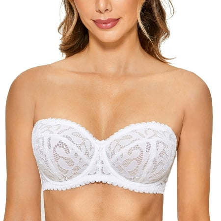 

DOBREVA Women s Lace Strapless Bra Plus Size Unlined Balconette See Through Bralette Underwire