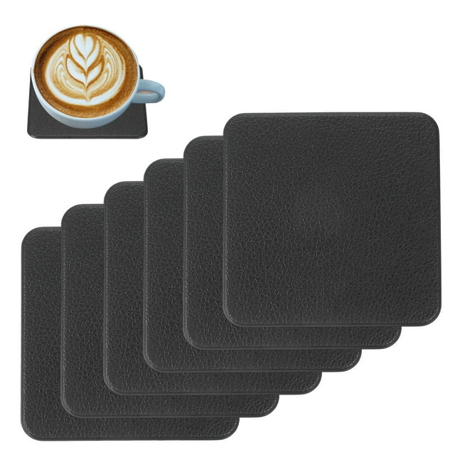 Uxcell 6 Pcs Faux Leather Coasters, 3.9 x 3.9" Square Coasters for Drinks Heat Resistant Waterproof Oil Proof Non Slip Cup Mat for Office Kitchen Bar Table Desk (Black)
