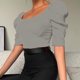 thumbnail image 3 of Camiseta informal con manga abombada y cuello redondo para mujer, camiseta ajustada acanalada de Color puro, Top gris S, 3 of 7
