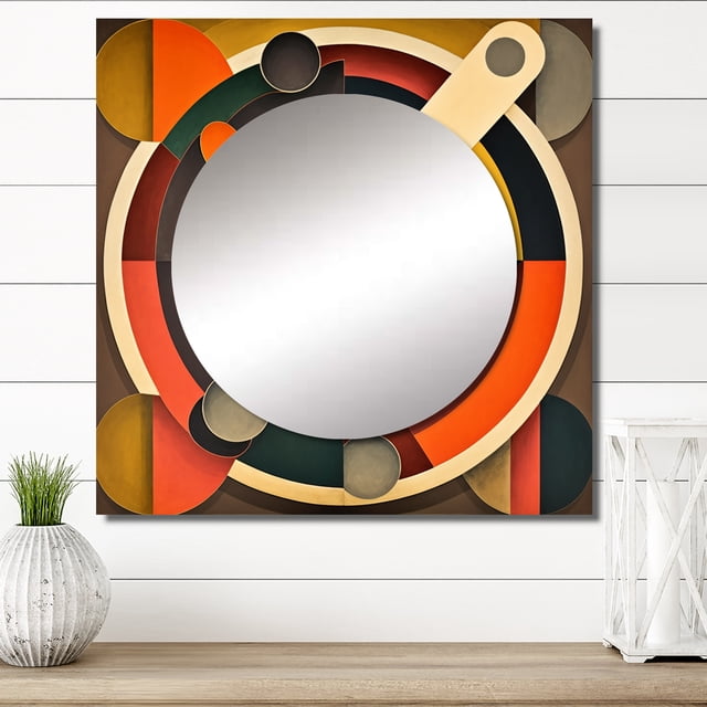 Designart "Retro Vintage Circular Inspirations" Modern Midcentury Square Mirror For Wall Decor - Large Gold Square Printed Wall Mirror Art - Wall Mounted Square Large Mirror