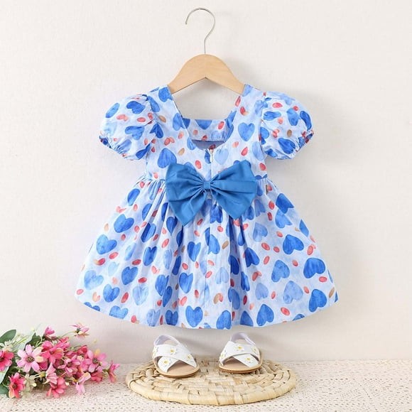 WEAIXIMIUNG Prom Dresses Short 2024 Toddler & Little Girls' Heart Print Short Sleeve Princess Dress With Back Bow Summer Casual Sleeveless Party Wear 80