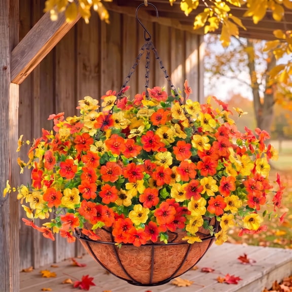 Scidweet Artificial Fall Hanging Flowers, 12 Pcs Fake Autumn Flowers Faux Plants with Coconut Lining Basket for Outdoor Indoor Fall Decoration for Home Garden, Mixcolor