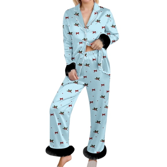 Womens Satin Pajama Set Valentines Day Pajamas Long Sleeve Bow Print Feather Trim Button down Loungewear Cute Pajamas for Women Set