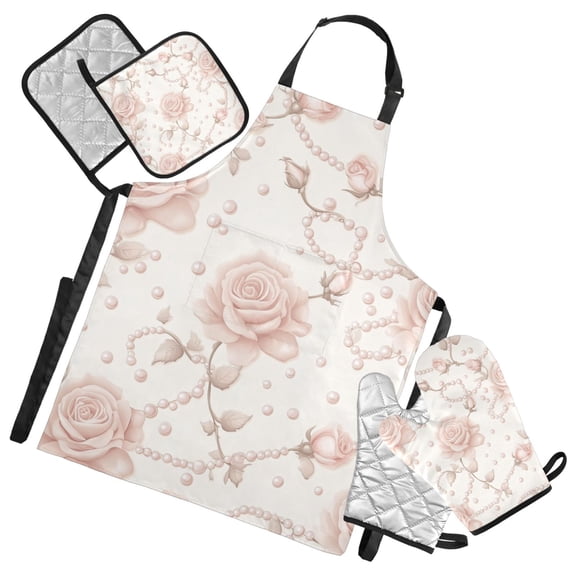 Roses and Pearl Vintage Apron Set with Oven Mitts Pot Holders Set of 5 Kitchen Stuff Accessories