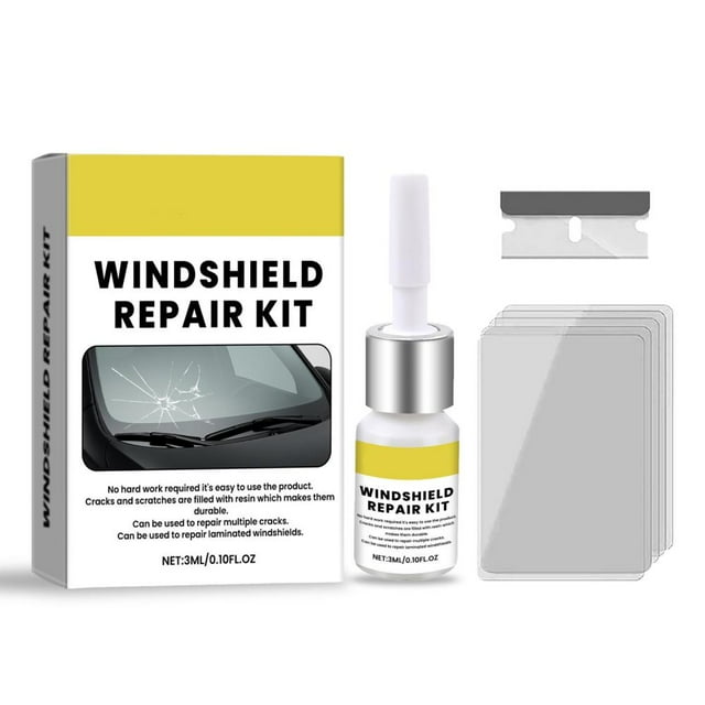 Windshield Crack Repair Kit - DIY Glass Fix Adhesive Fluid, Curing Film & Blade for Stone Chips & Bullseye Damage, 3ml