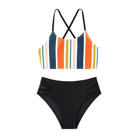 Odeerbi 7-15 Años Traje de Baño de Tiras Para Niñas Playa de Verano Traje de Baño Hawaiano Traje de Baño de Rayas Traje de Baño de Cintura Alta Split Traje de Baño de Dos Piezas