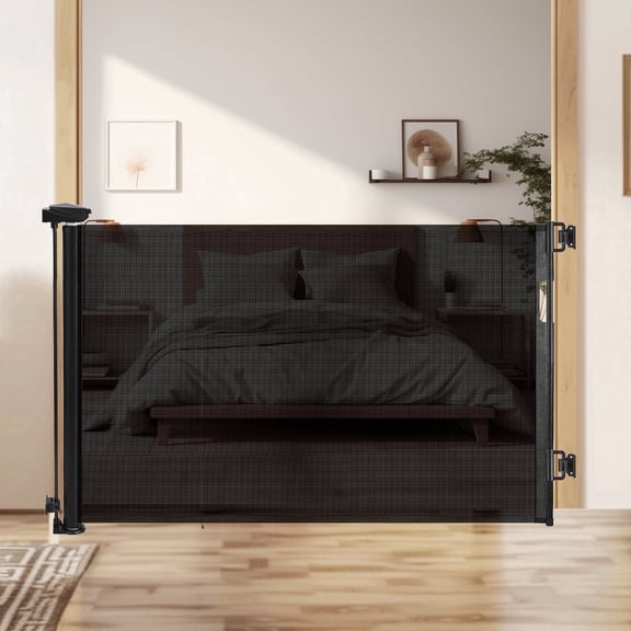 HioHa Hardware-Mounted Baby Gate, Retractable Safety Gate with Auto-Lock Mesh Barrier for Stairs & Doorways, Child Proof, Black