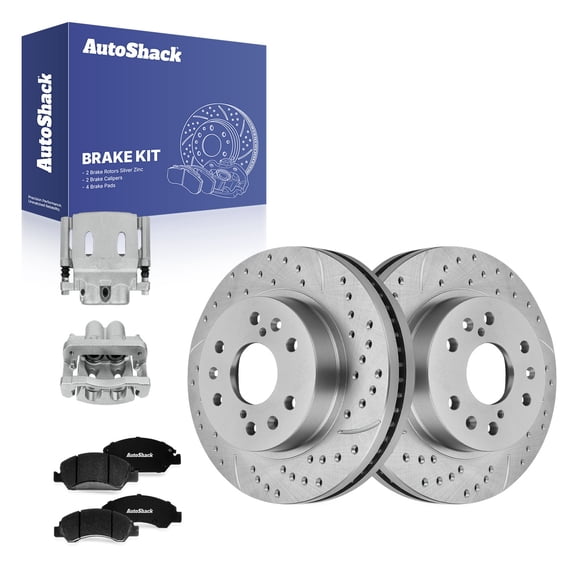 AutoShack Front Vented Drilled & Slotted Silver Zinc Coated Brake Rotors   Ceramic Pads   Calipers 8-PC Brake Kit Replacement for 2005-2008 Chevrolet Silverado 1500 SilverShield Pro 12.99" (329.9 mm)