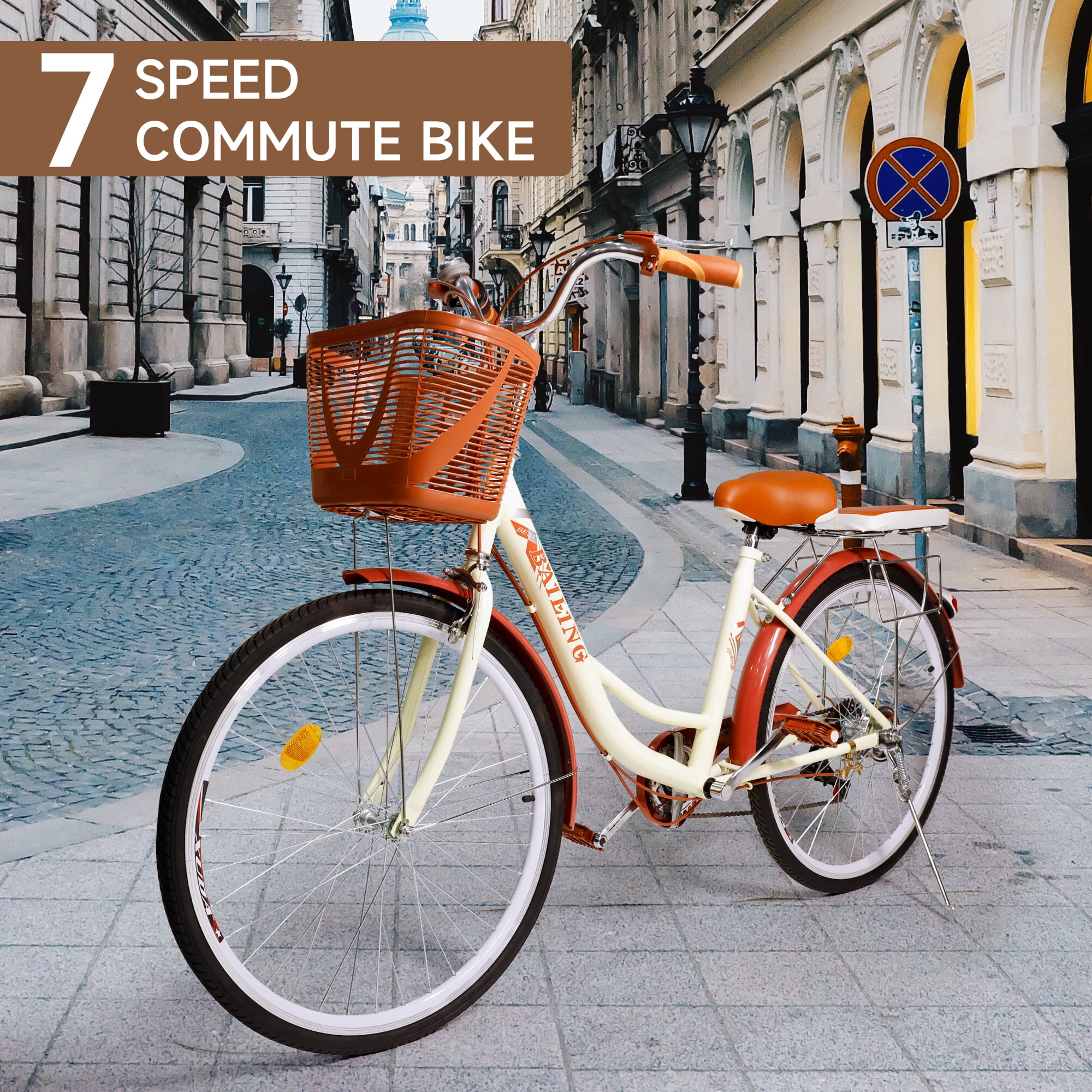 ARTUDATECH 26 Inch Beach Cruiser Bike for Women, 7 Speed Commute Bike for Adults, Women Bicycle with Adjustable Seat and Basket