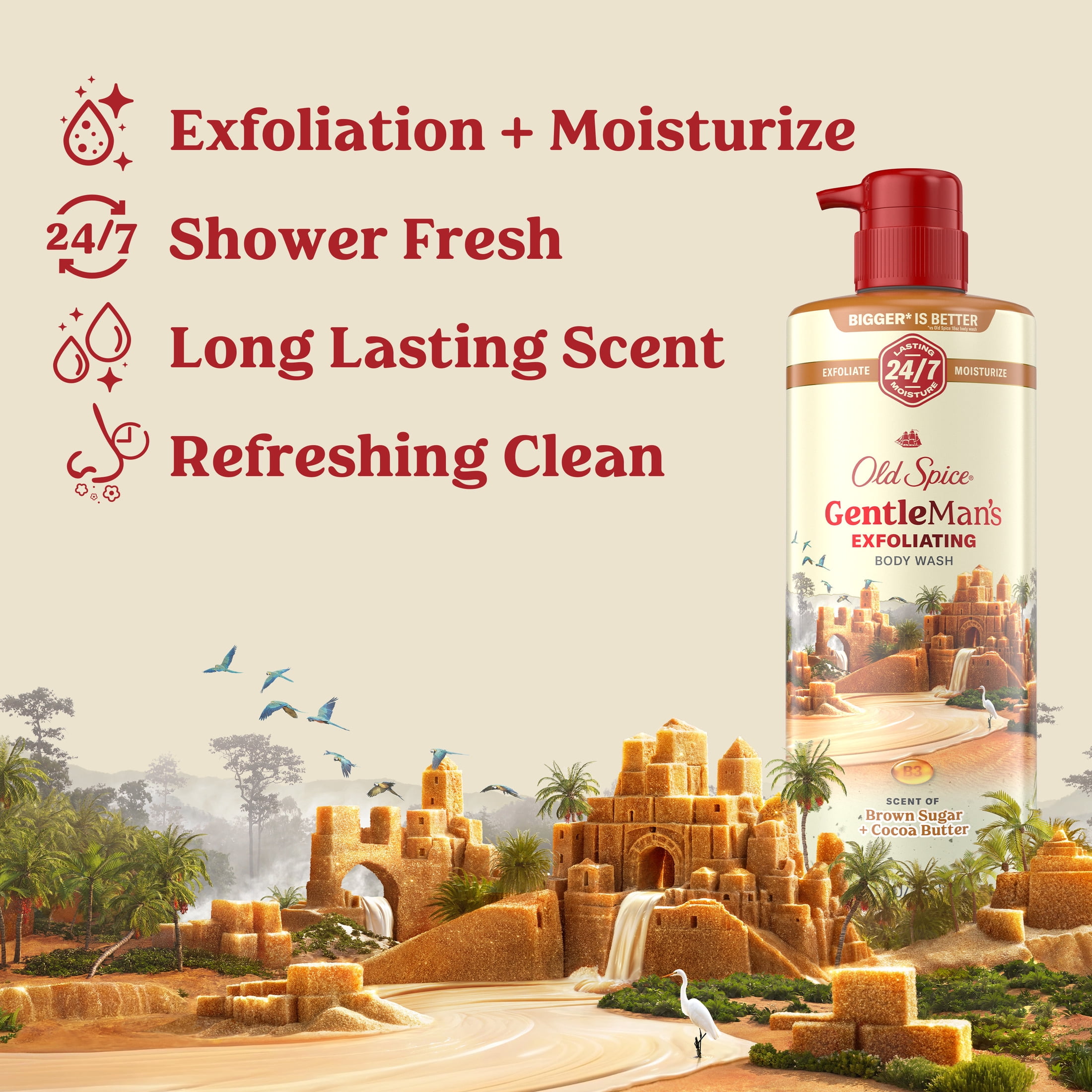Old Spice Men's Body Wash for Men, Brown Sugar and Cocoa Butter, 24/7 Shower Fresh, 18 oz, Exfoliation + Moisturization, 26oz