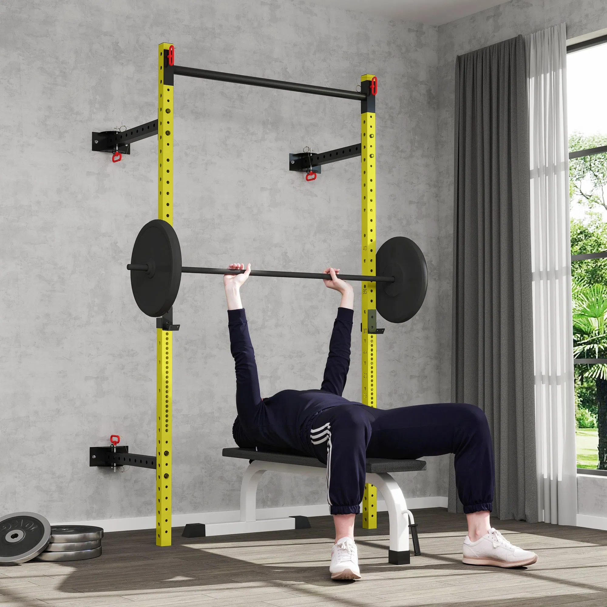 Adjustable Folding Squat Rack with Pull Up Bar,Wall Mounted Power Rack,1000 lbs Capacity,Durable Yellow Finish for Home Gym Use