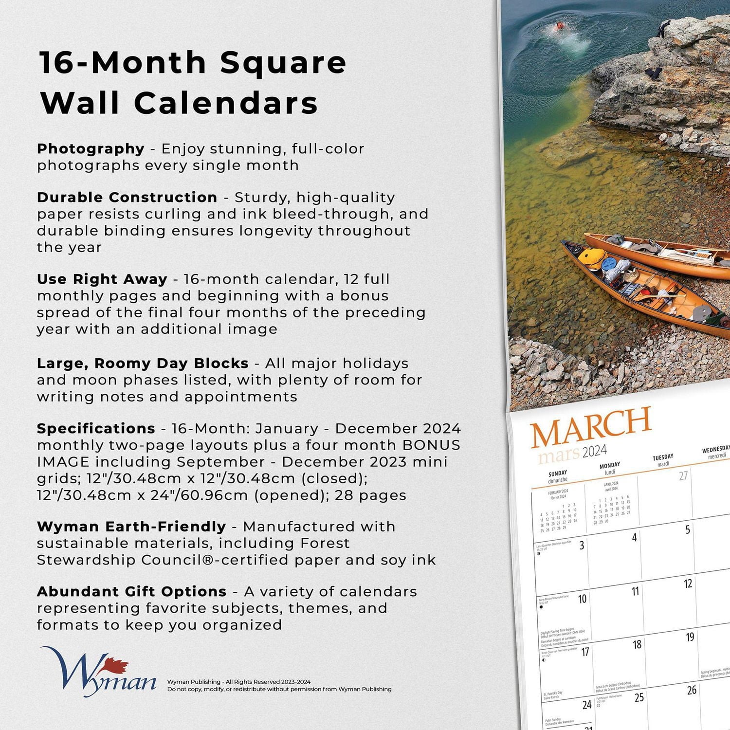 Wyman Publishing Le Pays des Châlets (Cabin Country) 2024 30.48x60.96 CM Mur Carré Calendrier, 9781525611766