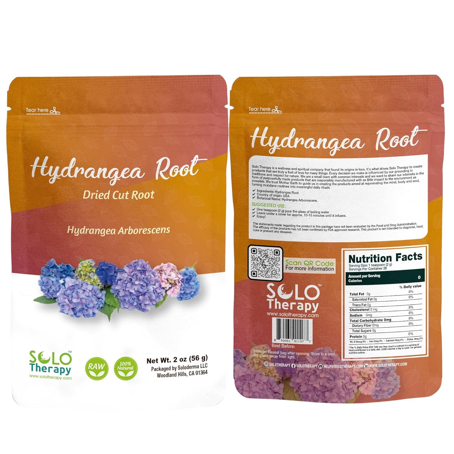 Solo Therapy Hydrangea Root Herbal Tea – 2 oz (56g) Cut & Sifted Hydrangea arborescens, Loose Leaf, Resealable Bag